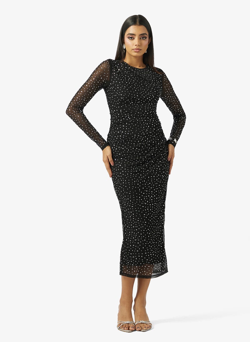 Style Cheat Mesh Detail Long Sleeve Bodycon Midi Dress - Image 1